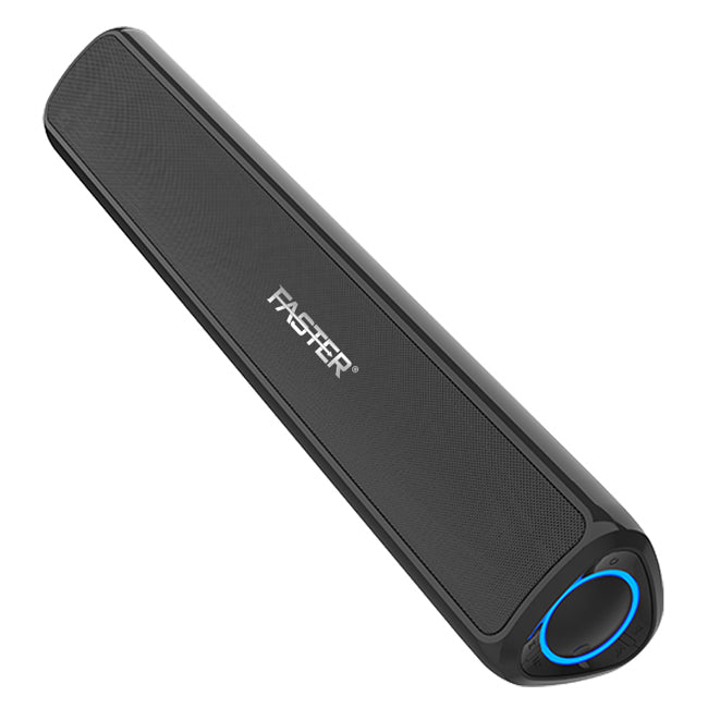 Black electronic device with 'FASTER' branding on a white background