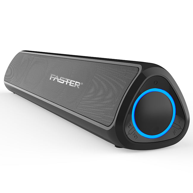 Black and gray portable speaker with blue LED indicator on a white background