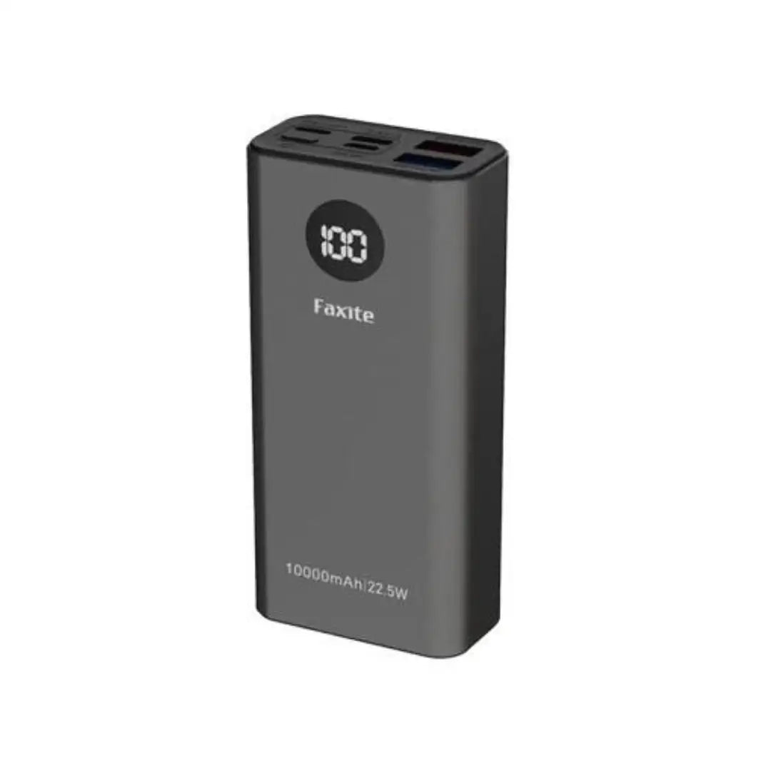 Gray power bank with digital display on a white background
