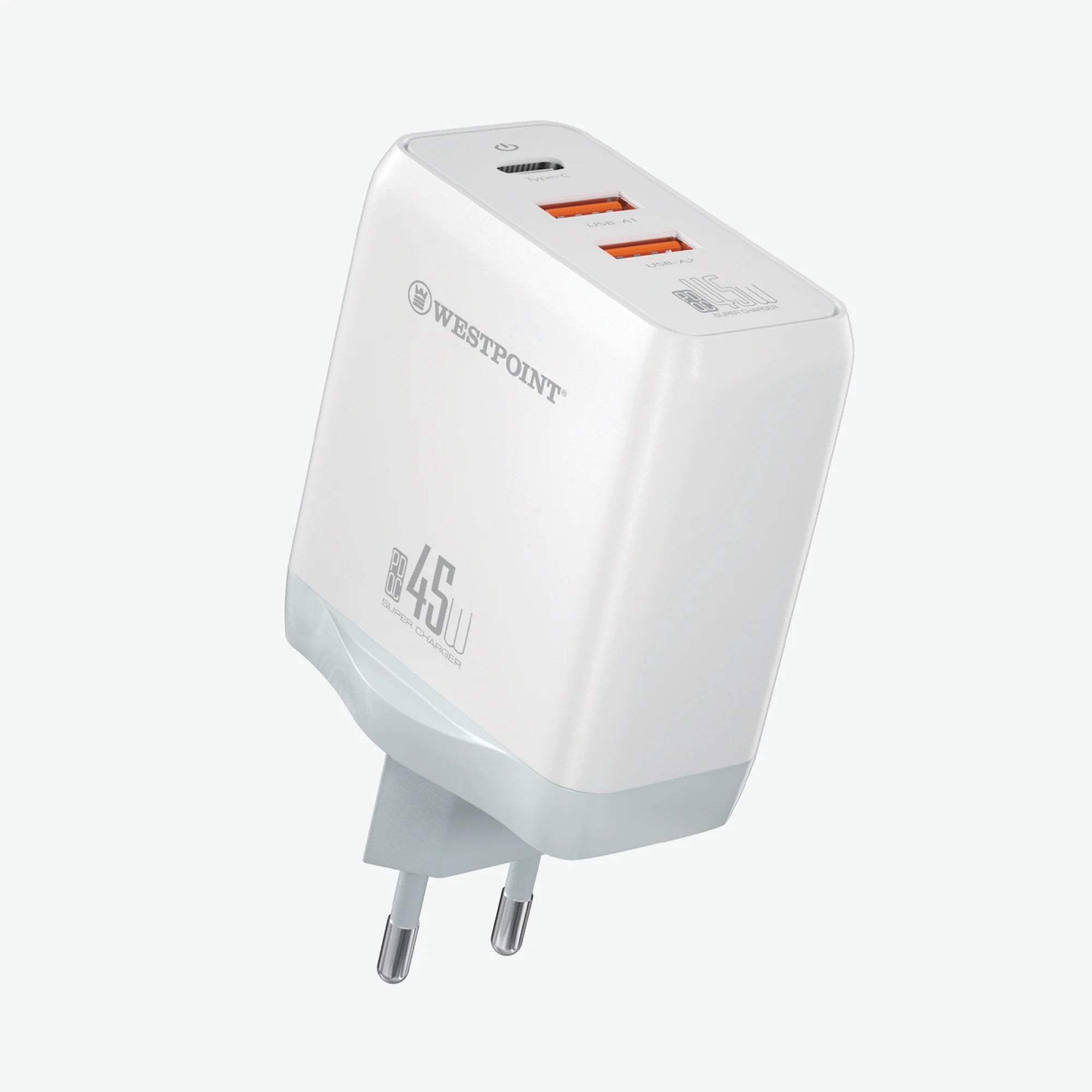 Westpoint USB charger with digital display on a white background