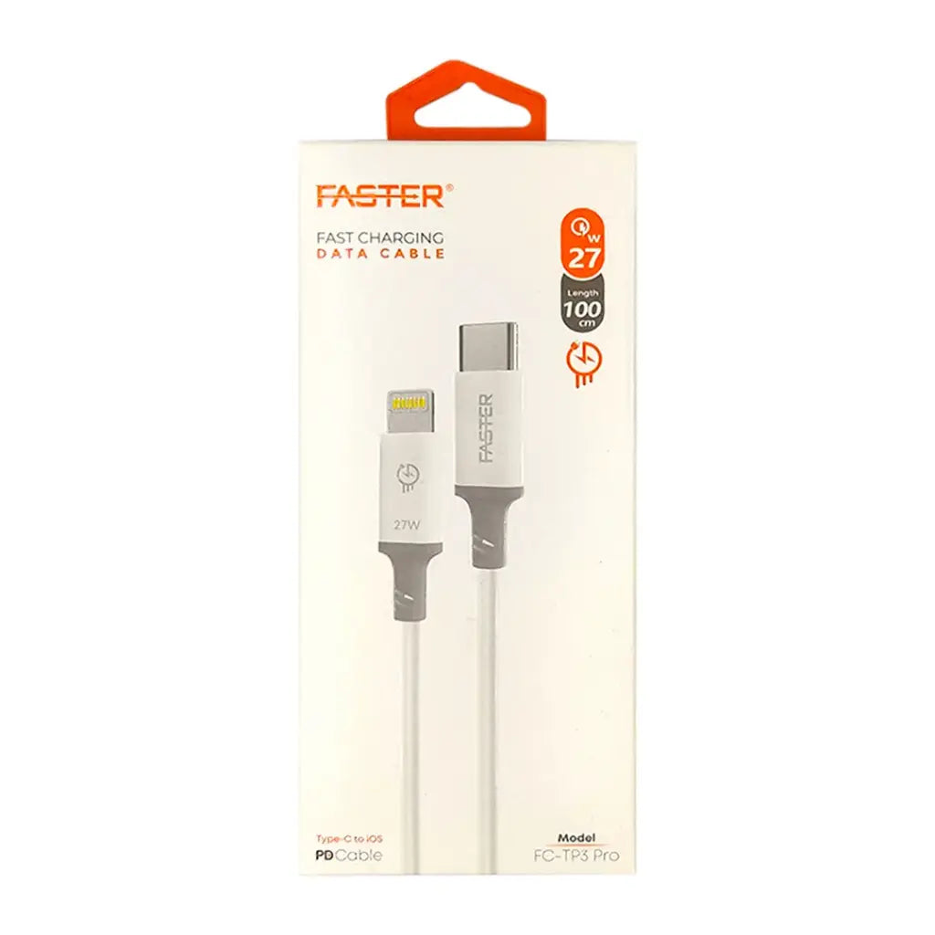 Faster fast charging data cable packaging on a white background