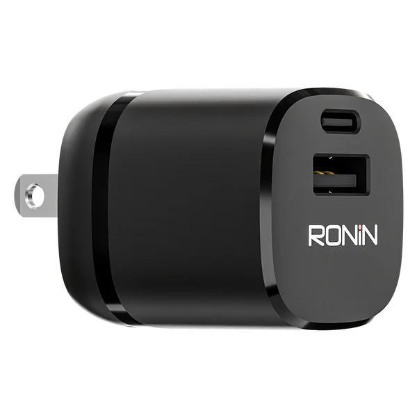 Black Ronin wall charger with dual USB ports on a white background