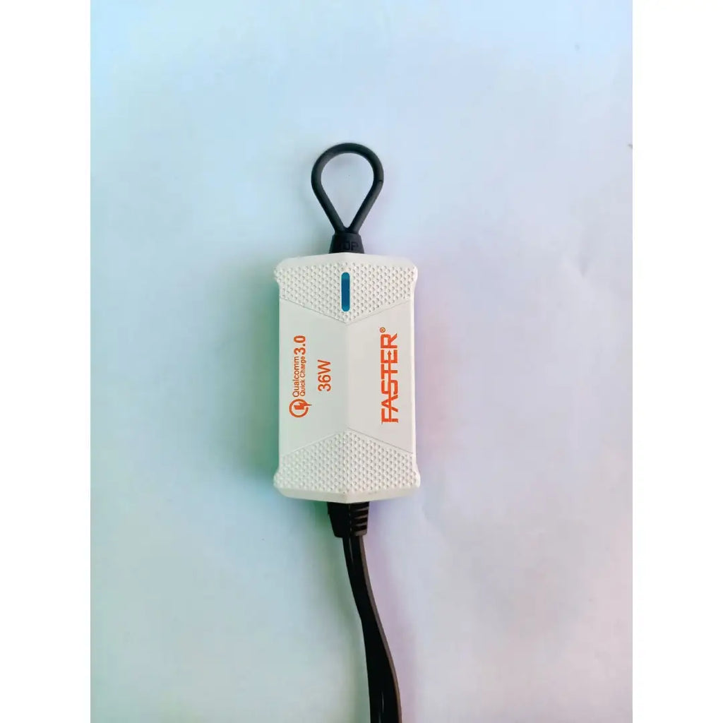 White electronic device with black cable on a gradient blue and white background