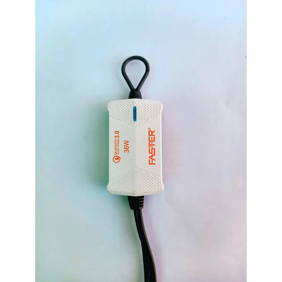 White electronic device with black cable on a gradient blue and white background