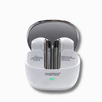 Wireless earbuds in a charging case with 'Faster' branding on a white background