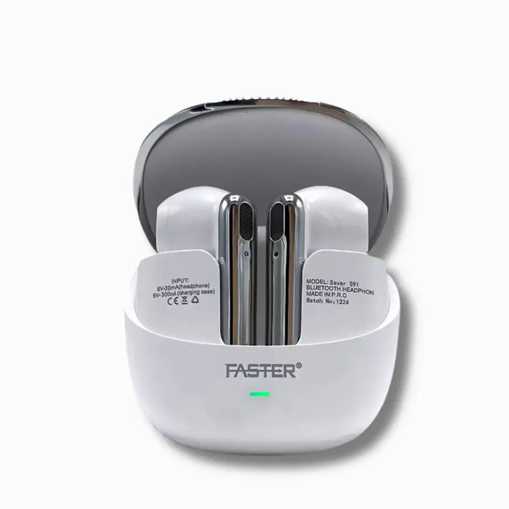 Wireless earbuds in a charging case with 'Faster' branding on a white background