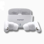 White wireless earbuds with charging case on a white background, featuring the brand 'FASTER'.