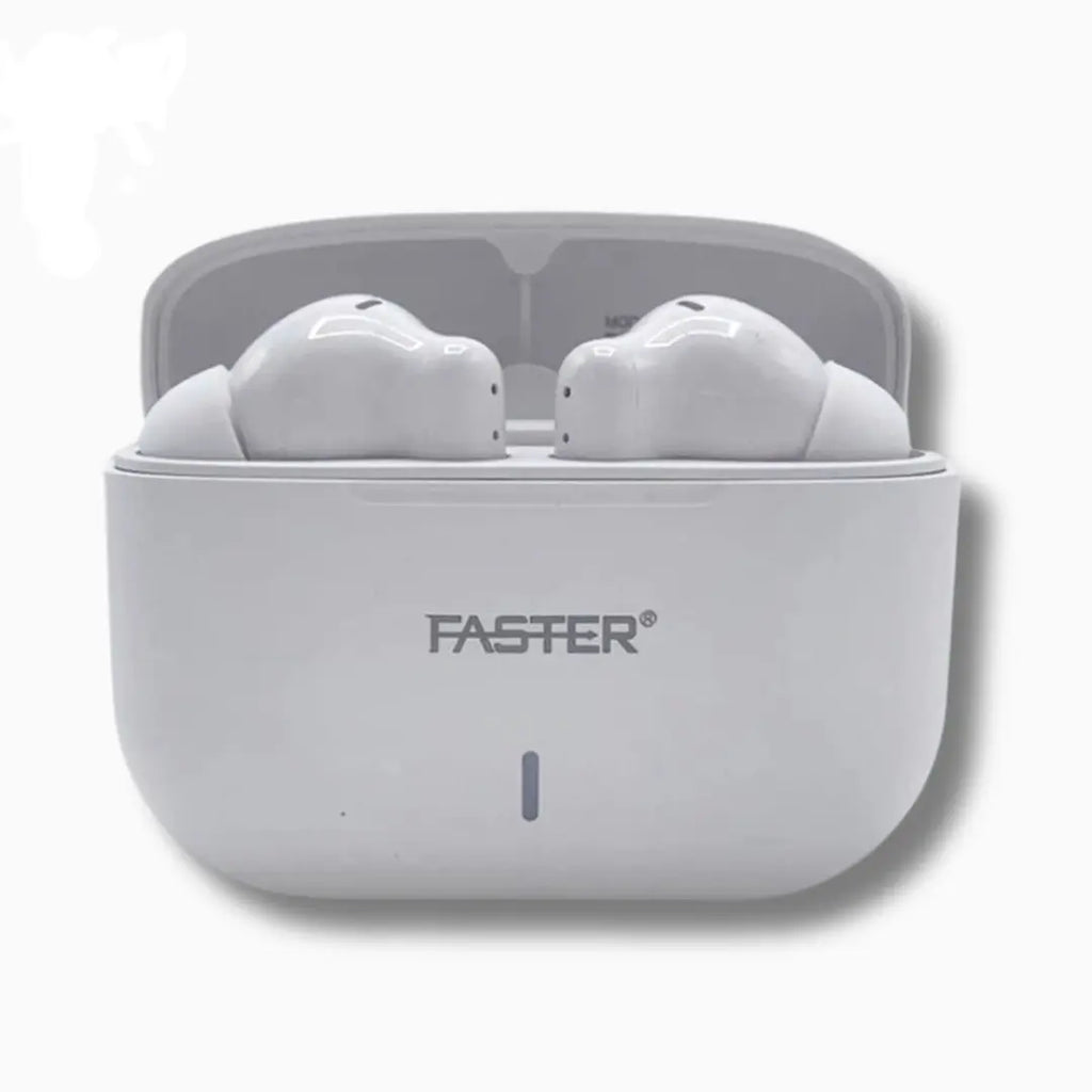 White wireless earbuds in a charging case with 'FASTER' branding on a white background