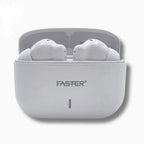 White wireless earbuds in a charging case with 'FASTER' branding on a white background