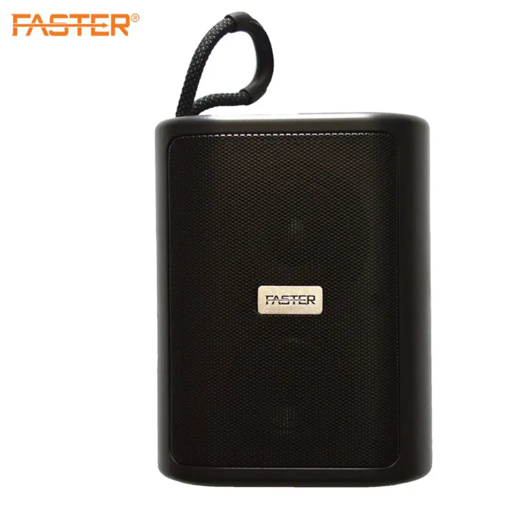 Black portable speaker with 'FASTER' branding on a white background