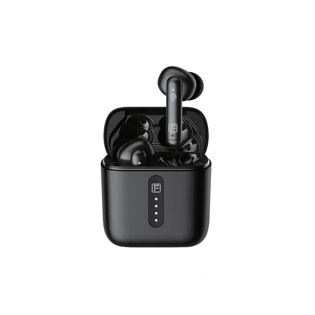 Black wireless earbuds with charging case on a white background