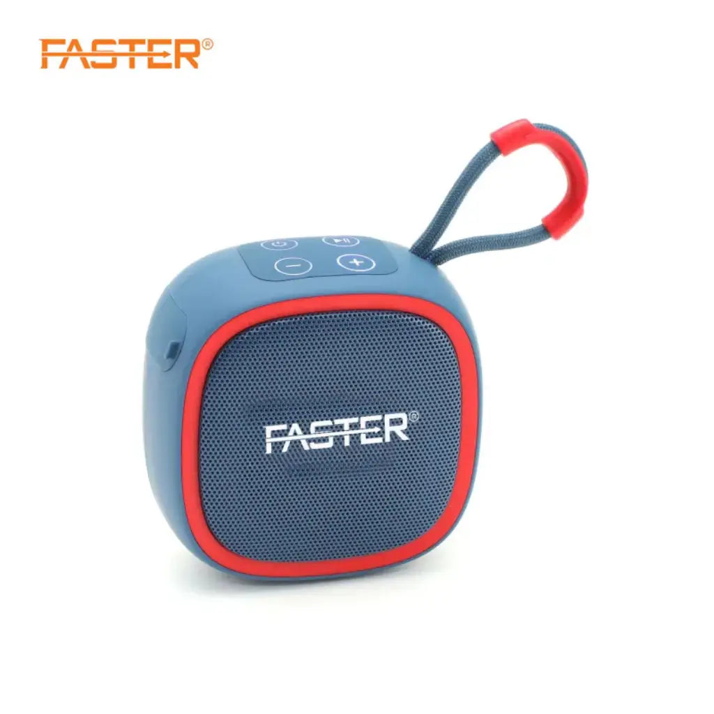 Blue and red portable speaker with 'FASTER' branding on a white background