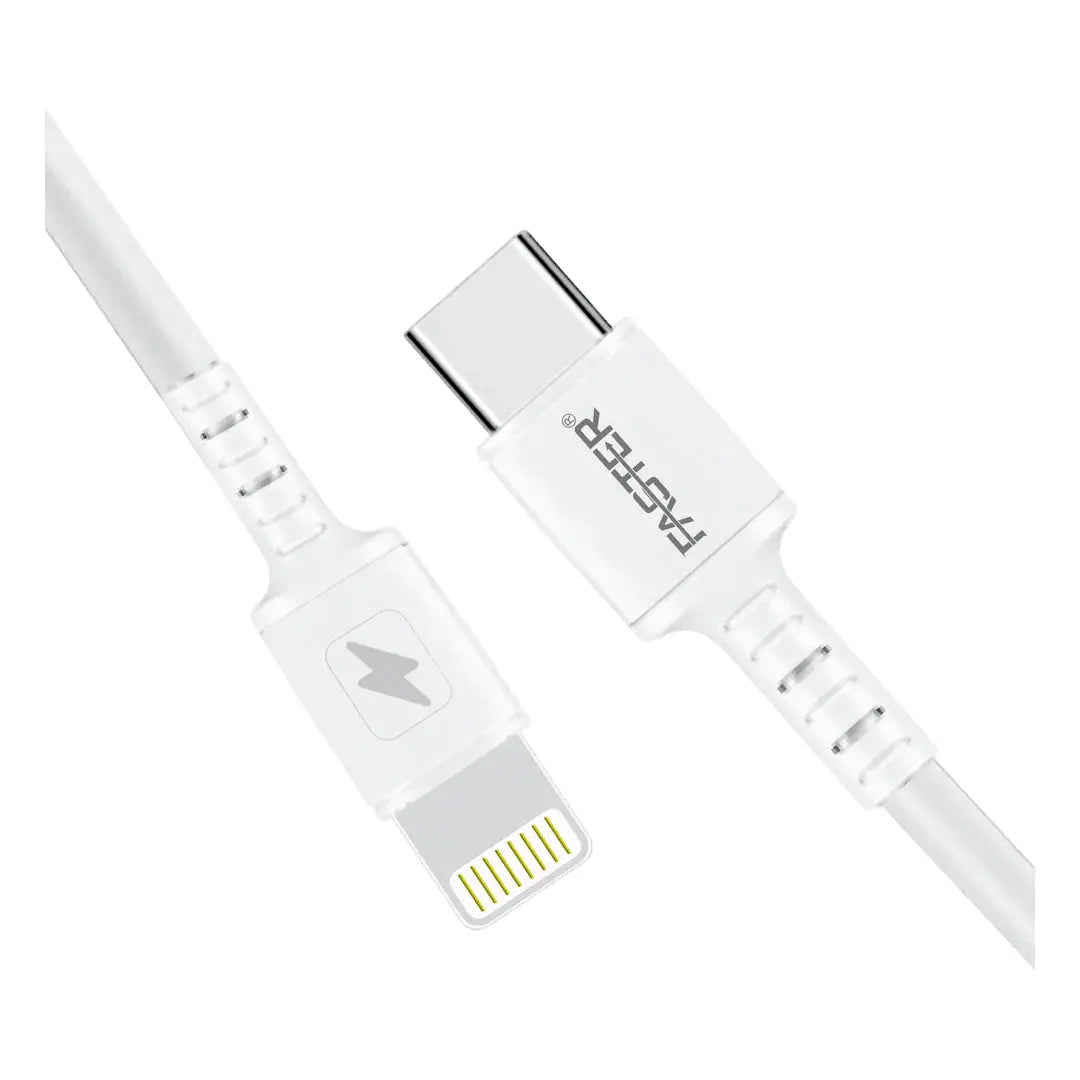 White multi-device charging cable with USB-C, Lightning, and microUSB connectors on a white background.