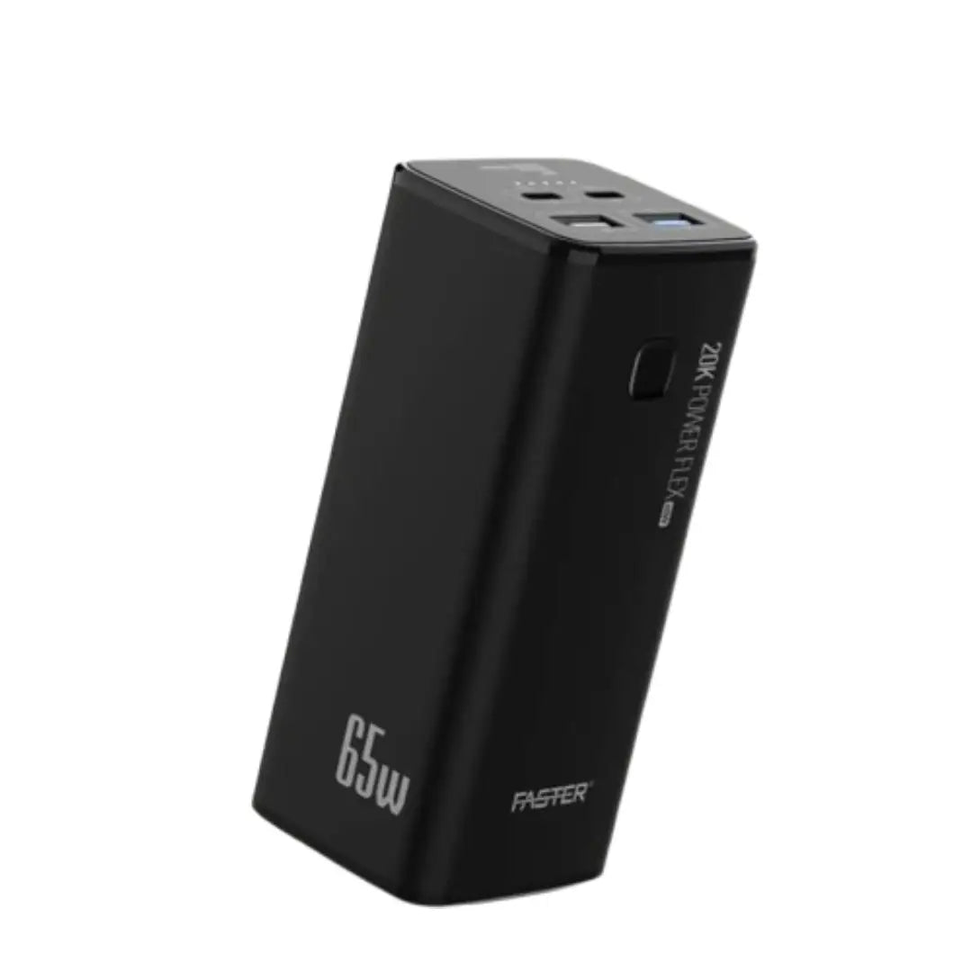 Black power adapter with multiple ports on a white background