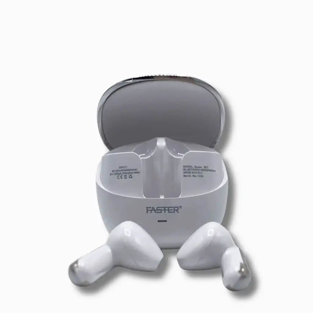 White wireless earbuds with charging case on a white background, featuring the brand 'Faster'.