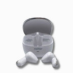 White wireless earbuds with charging case on a white background, featuring the brand 'Faster'.