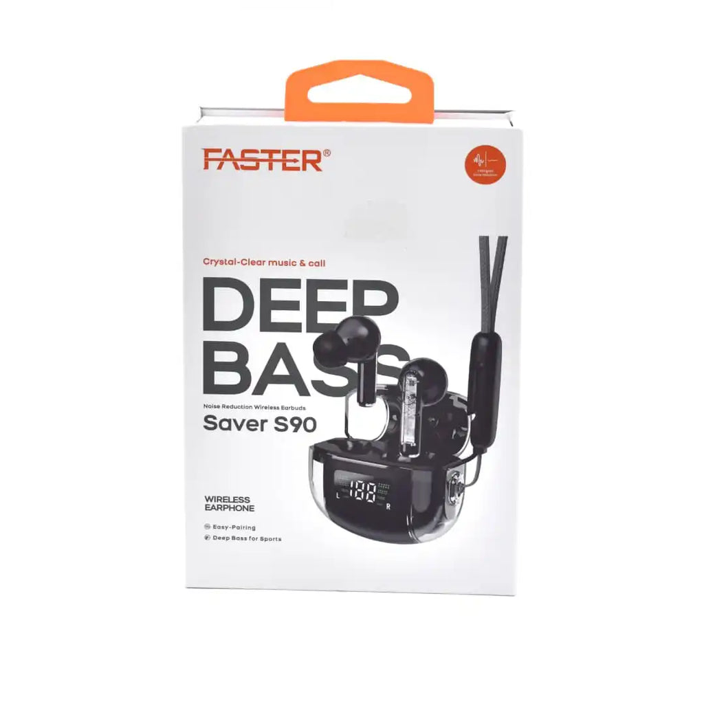 Packaging for Faster Saver S90 Bass Transparent Earbuds with the earbuds visible in a clear plastic case with orange accents.