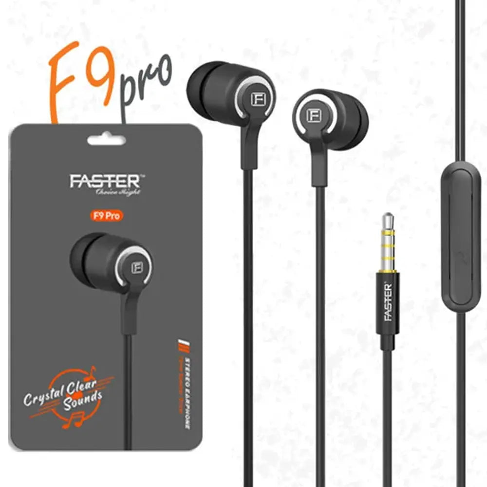Black earphones with a control button on a white background, featuring the brand 'Faster'.