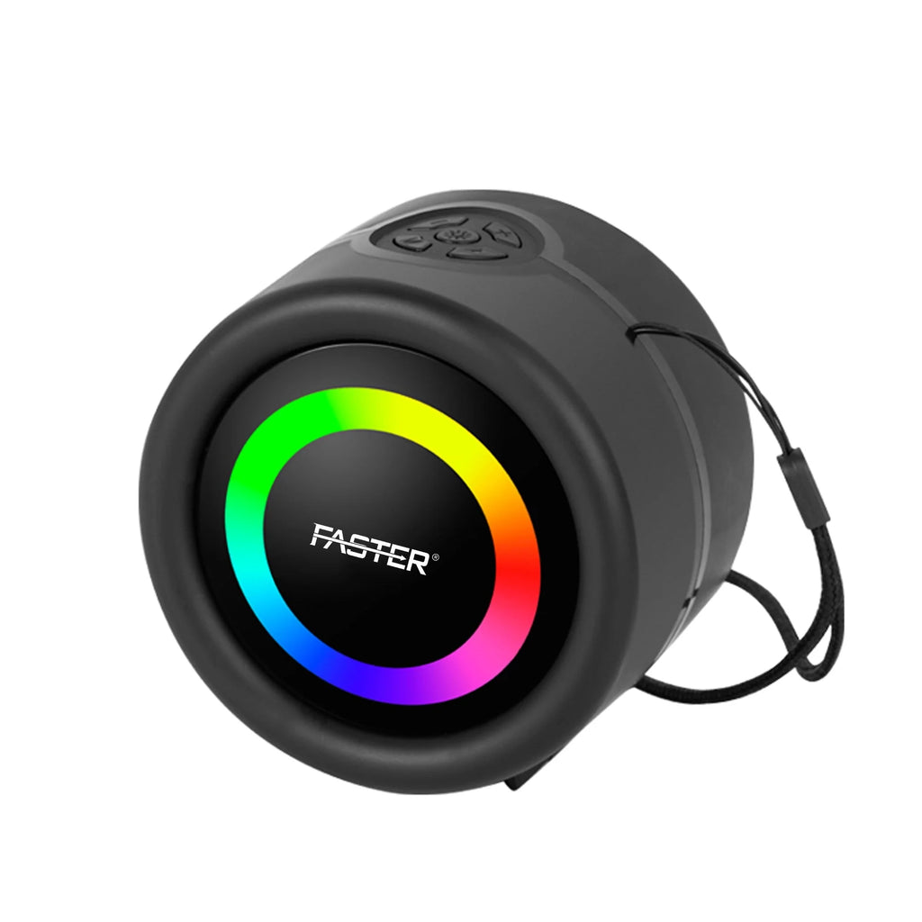 Black portable speaker with rainbow light display on a white background