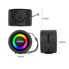Black LED light with rainbow color pattern and 'FASTER' branding, shown from different angles with measurements on a white background.