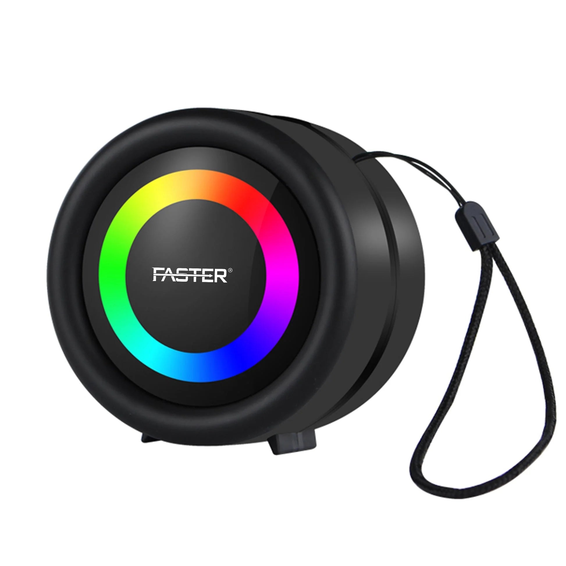 Black yoyo with colorful LED ring and 'FASTER' branding on a white background
