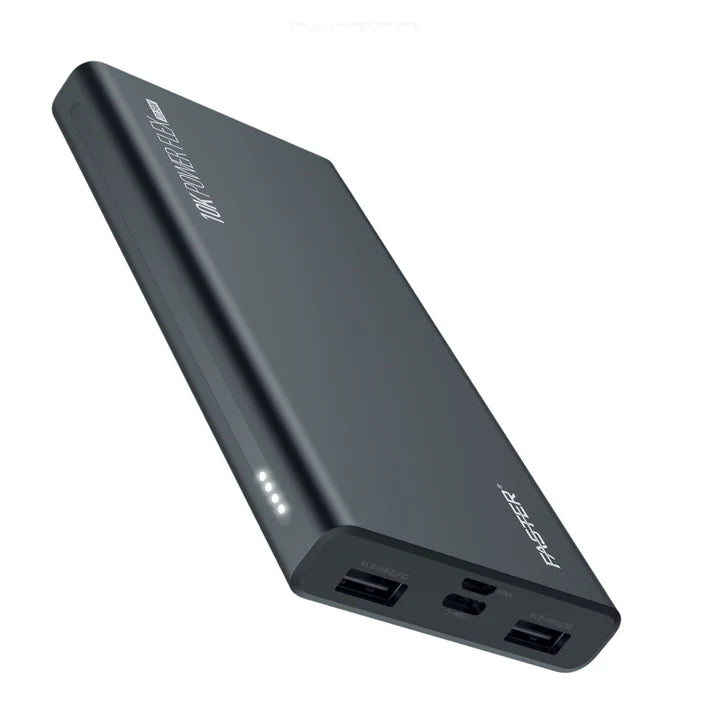 Black power bank with multiple ports on a white background
