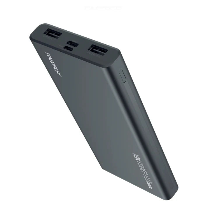 Black power bank with multiple ports on a white background