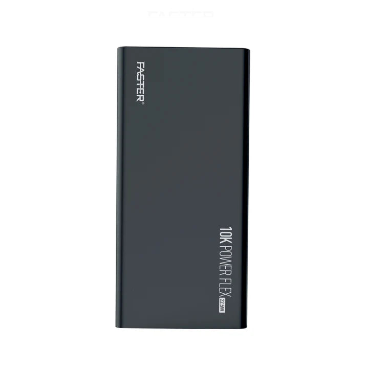 Black power bank with 'FASTER' branding on a white background