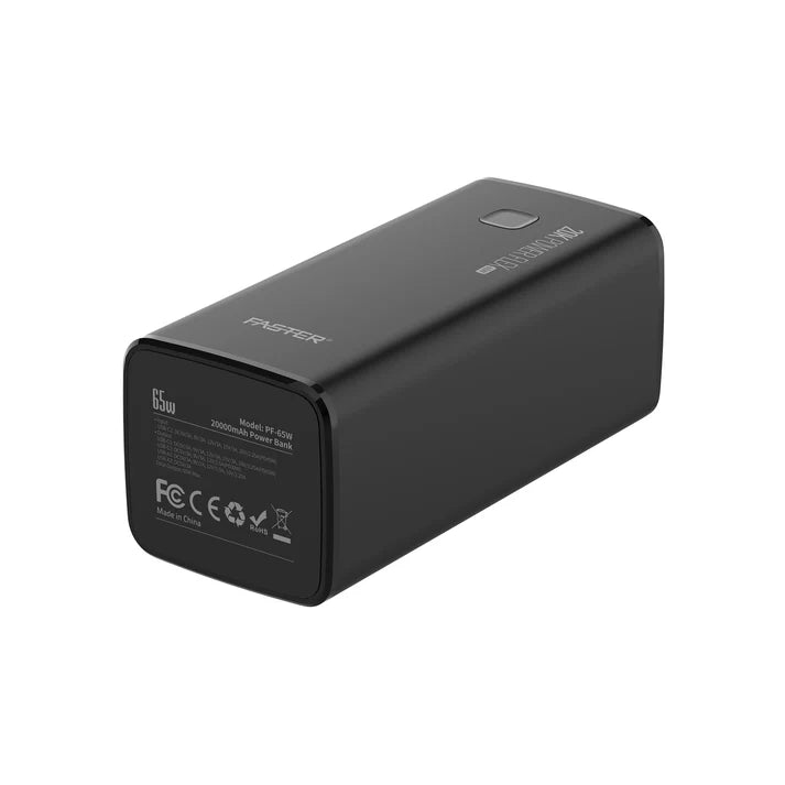 Black power bank with branding and specifications on a white background