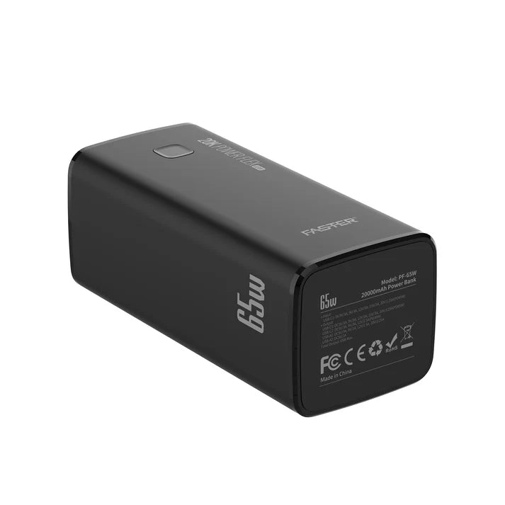 Black power bank with visible branding on a white background