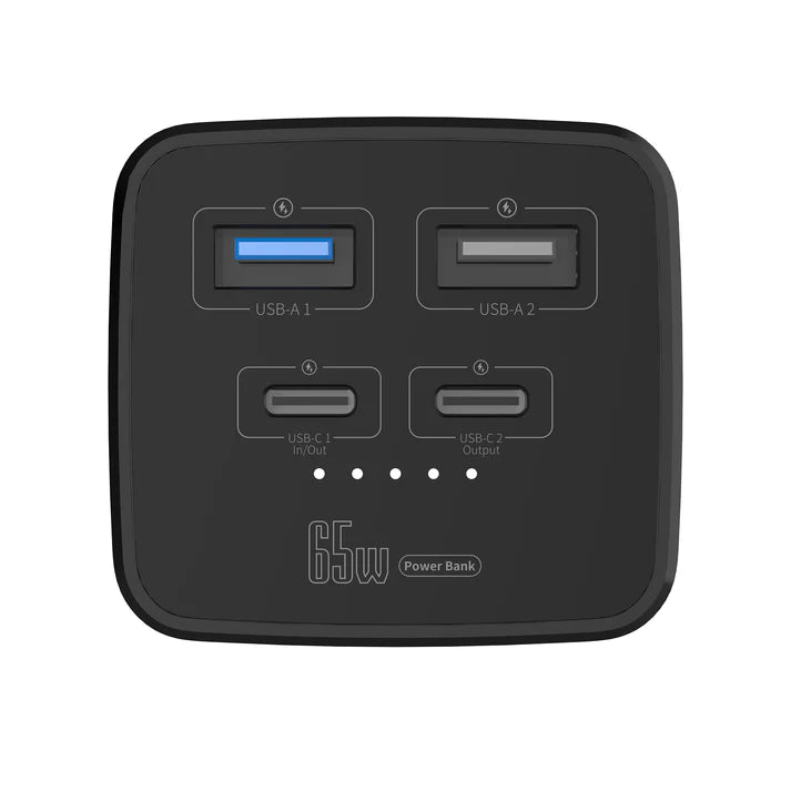 Black power bank with multiple USB ports on a white background