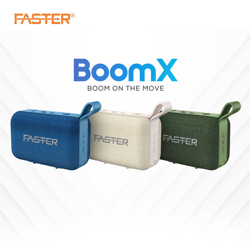 Three portable speakers in blue, beige, and green with 'Faster' branding on a white background.