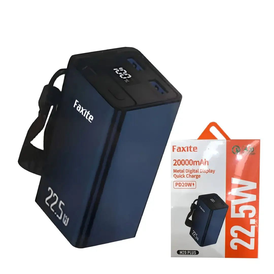 Blue power bank with digital display and packaging on a white background
