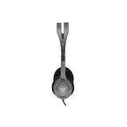 Gray headphones with 'logi' branding on a white background