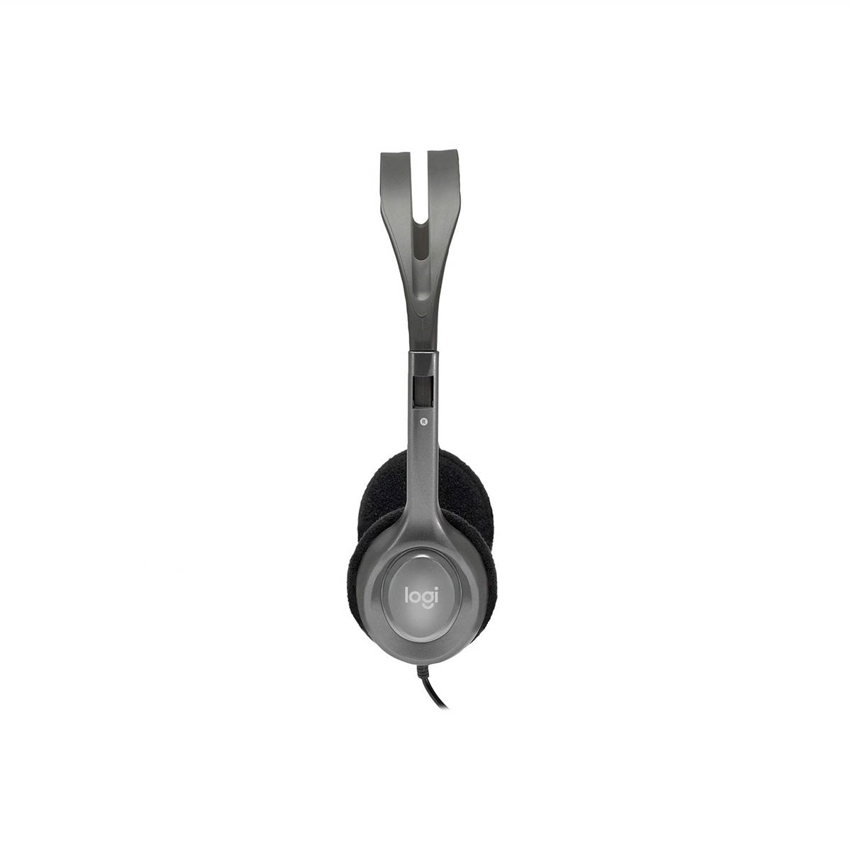 Gray headphones with 'logi' branding on a white background