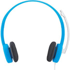 Blue headphones with black ear pads on a white background
