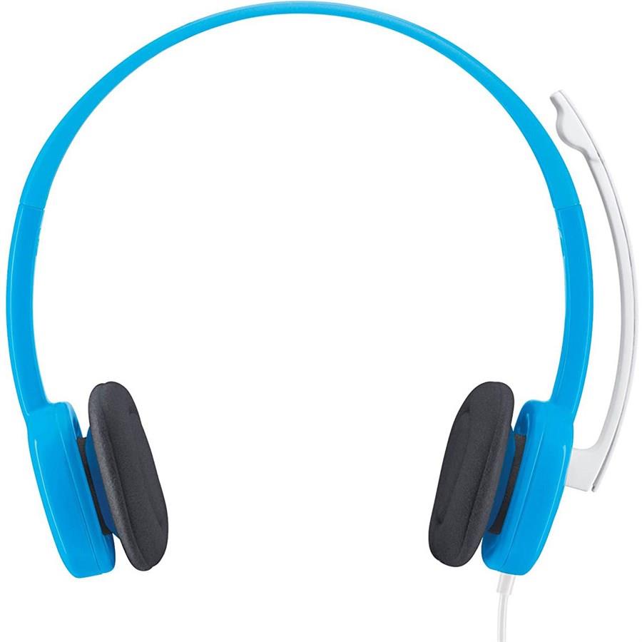 Blue headphones with black ear pads on a white background
