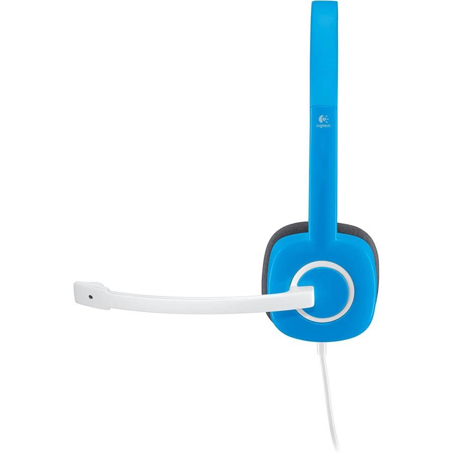 Blue and white headset with a microphone on a white background