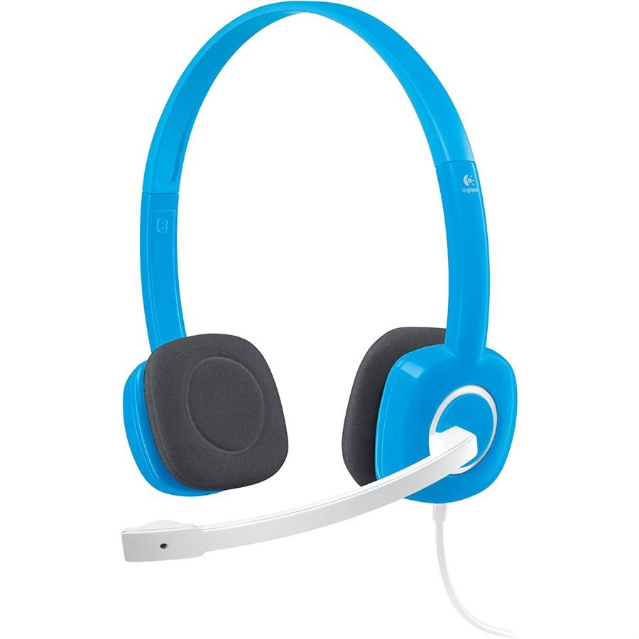 Blue and black headset with white microphone on a white background