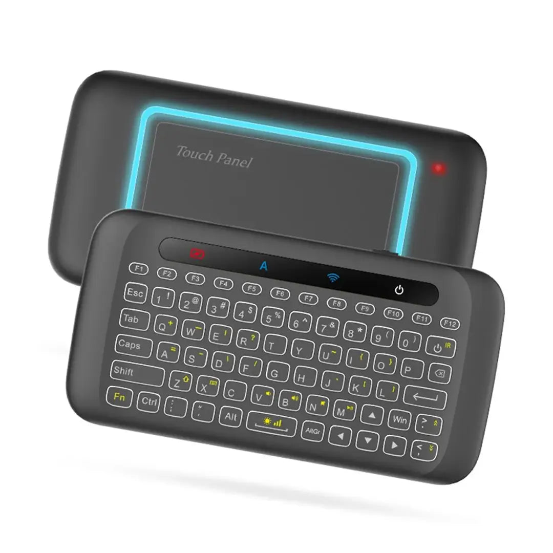 Black handheld keyboard with touch panel on a white background