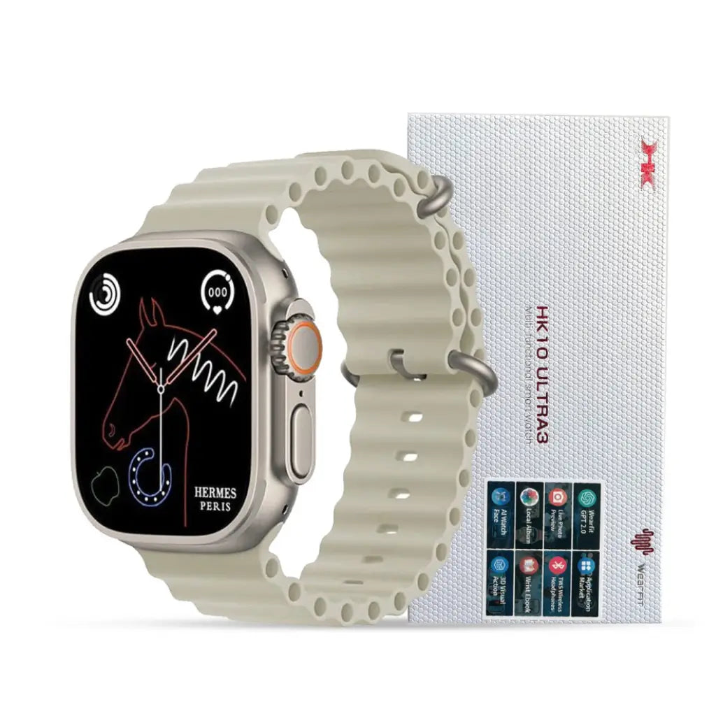 Smartwatch with beige band and Hermes branding next to a white box on a white background