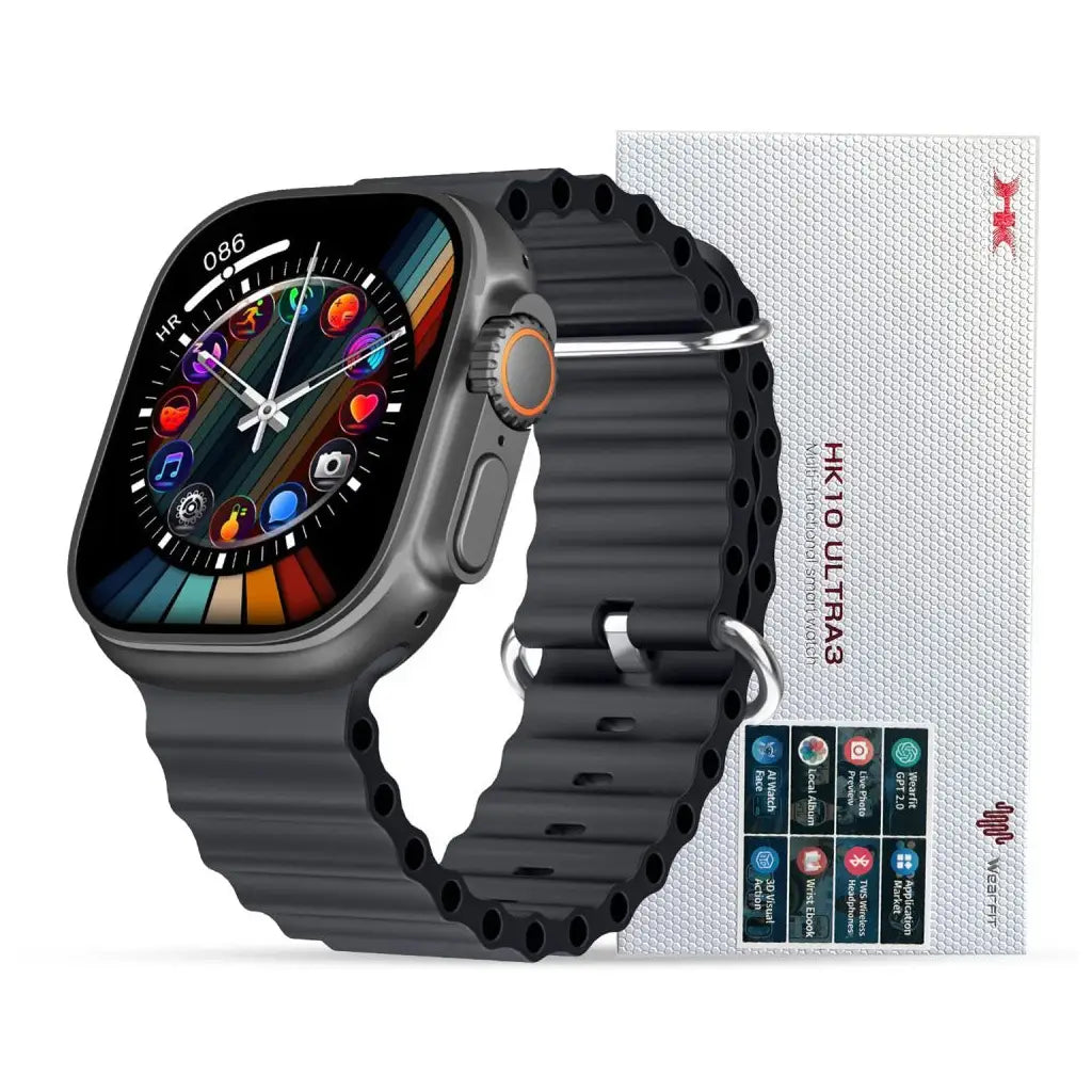 Smartwatch with black band and colorful display next to its packaging on a white background