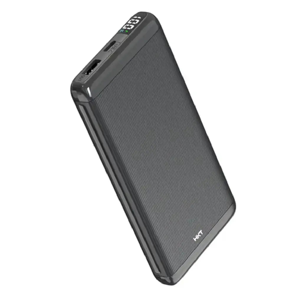 HKT Booster 22.5W fast charging power bank angled view showing compact body, LED percentage display, and portable travel-friendly design.