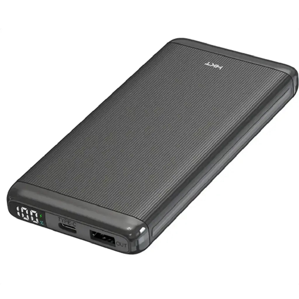 HKT Booster 10000mAh power bank front view in black with digital battery display, USB-C input, USB output, and textured slim design.