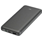 HKT Booster 10000mAh power bank front view in black with digital battery display, USB-C input, USB output, and textured slim design.