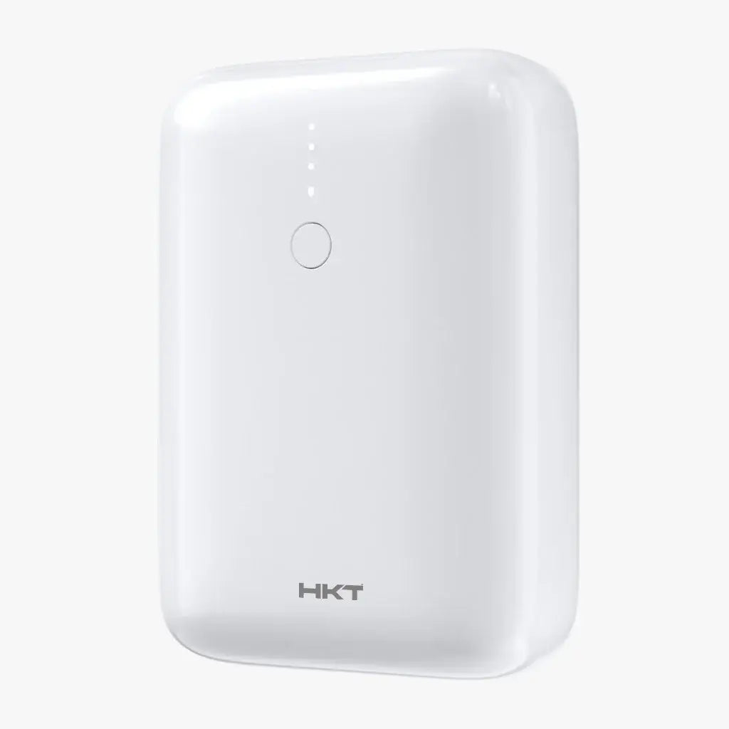 HKT Nano Power Bank P-10 Pro 10000mAh front view in white showing compact design, LED battery indicator lights, and single power button.