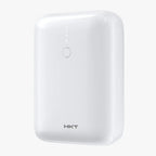 HKT Nano Power Bank P-10 Pro 10000mAh front view in white showing compact design, LED battery indicator lights, and single power button.