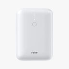 HKT Nano Power Bank P-10 Pro 10000mAh straight front view in white with minimalist body, LED charge indicators, and HKT branding.