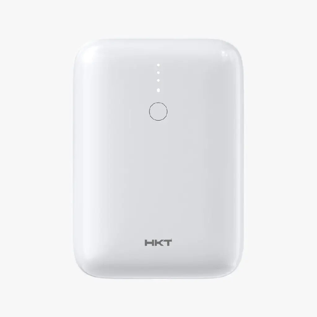 HKT Nano Power Bank P-10 Pro 10000mAh straight front view in white with minimalist body, LED charge indicators, and HKT branding.