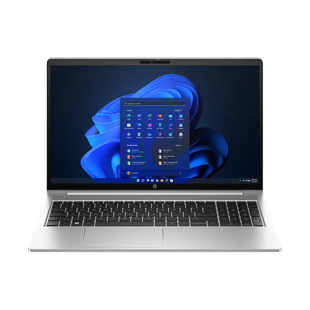Laptop with a blue abstract design on the screen against a white background